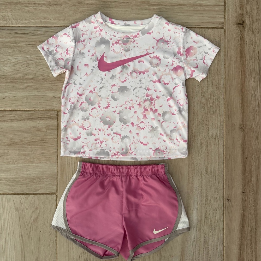Nike White & Pink Floral Tee with Pink Athletic Shorts